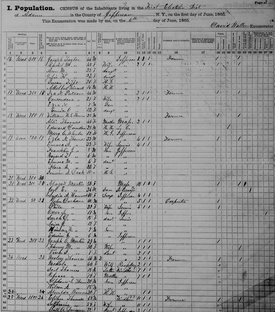 Sample page taken from the 1865 New York State Census for Adams New York